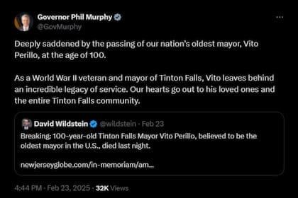 El gobernador de Nueva Jersey, Phil Murphy, realizó una publicación en X tras la muerte del exalcalde de Tinton Falls, Vito Perillo (@GovMurphy/X)