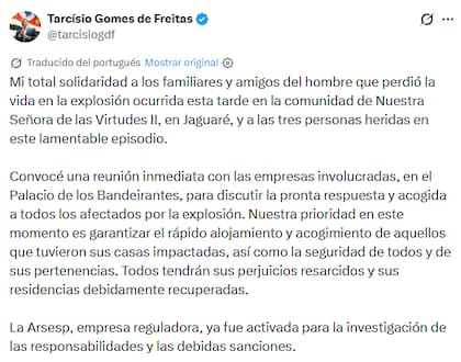 El gobernador de San Pablo aseguró que las víctimas de la explosión recibirán asistencia