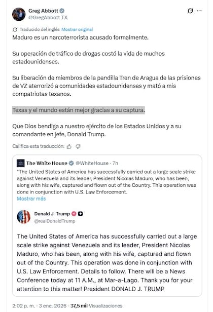 El gobernador de Texas, Greg Abbott, celebró la captura de Nicolás Maduro