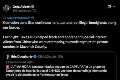 El gobernador de Texas, Greg Abbott, celebró la captura de seis inmigrantes oriundos de China que intentaron cruzar la frontera sur