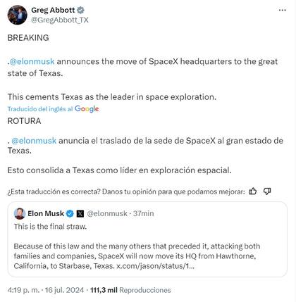 El gobernador de Texas, Greg Abbott, festejó la decisión de Elon Musk