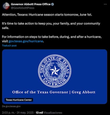 El gobernador de Texas incita a la población a ingresar al sitio web del gobierno para recibir la información necesaria en caso de climas extremos durante la temporada de huracanes