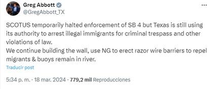 El gobernador de Texas respondió a la suspensión de la ley SB4 por parte de la Corte Suprema