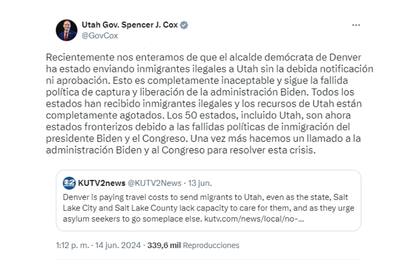 El gobernador de Utah, Spencer Cox, dijo que desde Denver le mandan inmigrantes sin avisarles previamente