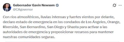 El gobernador declaró estado de emergencia en Los Ángeles, Orange, Riverside, San Bernardino, San Diego y Shasta