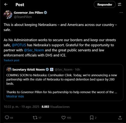El gobernador del estado y la secretaria de seguridad nacional anunciaron la utilización de un nuevo centro de detención llamado “Cornhusker Clink”