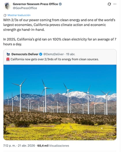 El gobernador Gavin Newsom destaca los avances en enegía limpia a través de su oficina de prensa