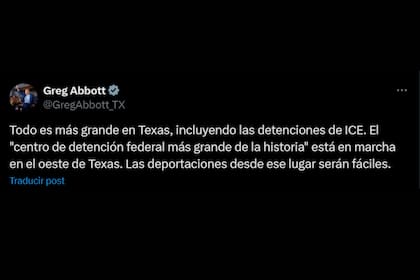 El gobernador Greg Abbott celebró en redes sociales que las deportaciones desde este centro “serán fáciles” y destacó su magnitud