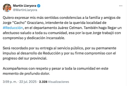 El gobernador Martín Llaryora expresó su pesar