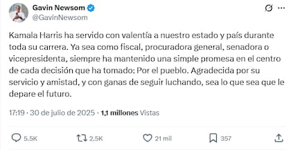 El gobernador realzó la labor de Kamala Harris por California y Estados Unidos a lo largo de su carrera política