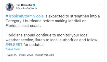 El gobernador Ron DeSantis advirtió que la tormenta tropical Nicole podría transformarse en un huracán de categoría 1