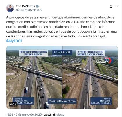El gobernador Ron DeSantis dio detalles de los beneficios de la obra vial que liberó tramos de la I-4 ocho meses antes de lo previsto