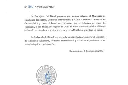 El gobierno de Brasil saluda al embajador Daniel Scioli
