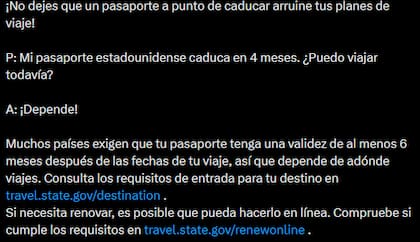 El gobierno de Estados Unidos advirtió sobre los inconvenientes de un pasaporte próximo a vencer