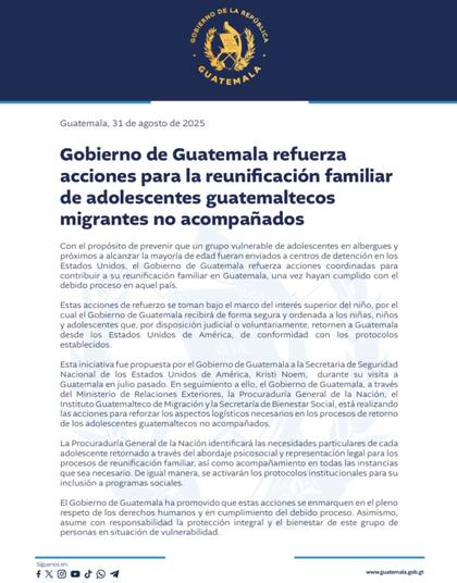 El gobierno de Guatemala confirmó su compromiso con la administración para la deportación de adolescentes no acompañados