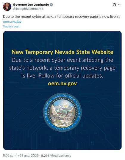 El gobierno de Nevada tuvo que crear una página oficial temporal durante en ciberataque (X/@JosephMLombardo)