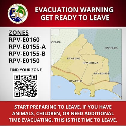 El gobierno de Rancho Palos Verdes distribuyó en las redes sociales un mapa con los lugares que deben evacuar