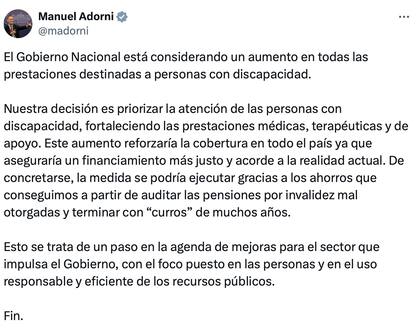 "El Gobierno Nacional está considerando un aumento en todas las prestaciones" (X, @madorni)