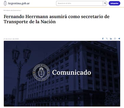 El Gobierno publicó un comunicado oficial informando el cambio en la conducción de la cartera de transporte