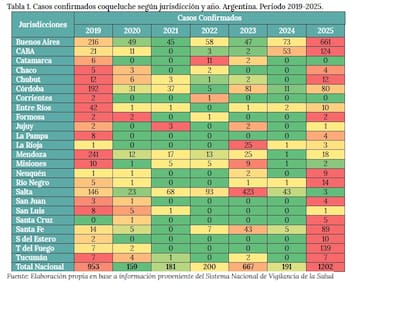 El gráfico oficial resume los casos de tos convulsa confirmados y notificados por las provincias al sistema nacional de vigilancia epidemiológica en los últimos siete años