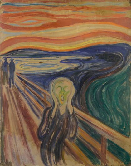 El grito (1910?)  es  su obra icónica. Munch hizo diferentes versiones con ligeras diferencias, la más famosa es la primera de 1893.