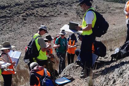 El grupo de investigación de Cecilia, en pleno terreno de trabajo. La joven argentina es geóloga y se especializa en petróleo. En la foto están en una escuela de campo de segundo año de geología en los Flinder Ranges, el lugar donde se encontraron los primeros rastros fósiles de vida.