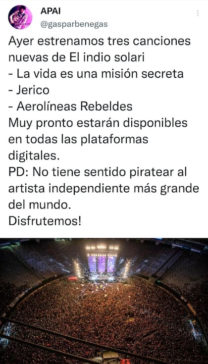 El guitarrista de la banda, Gaspar Benegas, enumeró las canciones nuevas y le dejó un mensaje al Indio Solari