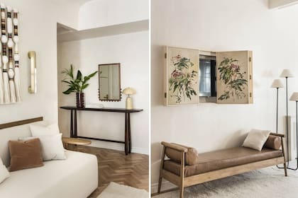 El hall de entrada conduce al living, al que se le puso un sillón amurado. Obra textil (Cristina Codern). A continuación, sobre el diván, el tríptico de Catalina Ruiz enmarcado por Chou Taller de Marcos oculta la tele.