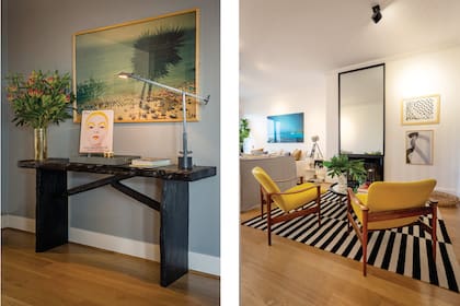 El hall de entrada nos recibe con una consola (Selva Negra) de madera teñida con una lámpara ‘Tizio’ (Artemide) y una gran fotografía de Marina Caputo. Sillones años 50 tapizados en pana.