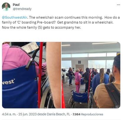 El hombre regresó a Twitter para hacer una segunda queja sobre el uso de las sillas de ruedas