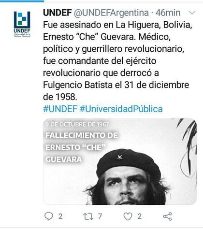 El tuit de homenaje al Che Guevara fue borrado por la Universidad de la Defensa Nacional, luego de la fuerte reacción negativa que generó