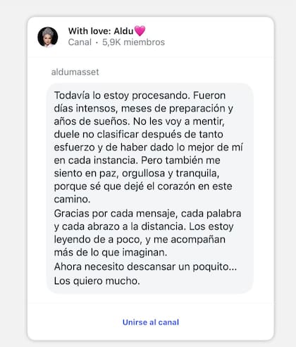 El honesto mensaje de Aldana Masset después de competir por Miss Universo