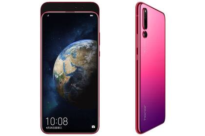 El Honor Magic 2 con la pantalla hacia abajo, lo que permite ver la triple cámara frontal; al lado, el degradé de su dorso