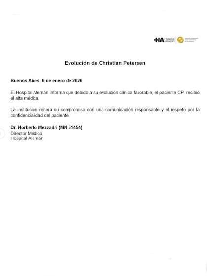 El Hospital Alemán dio a conocer el alta de Christian Peterson