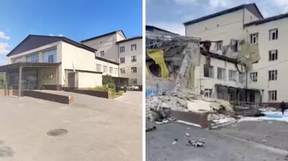 El hospital central en Izyum antes y después de un ataque el 8 de marzo