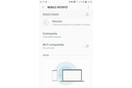 El hotspot móvil listo para activarse; el nombre y la contraseña son solo a modo de ejemplo; la contraseña, en particular, no debe ser conocida por otras personas