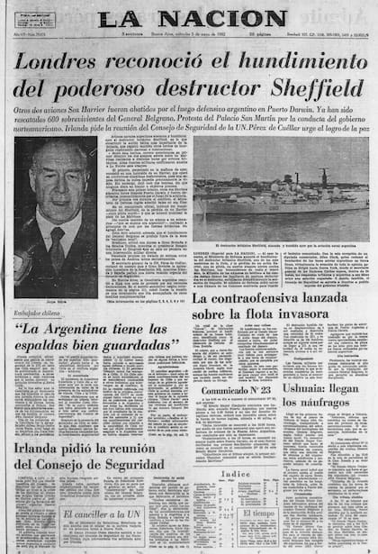 El hundimiento del destructor Sheffield fue la tapa del diario LA NACION del miércoles 5 de mayo de 1982
