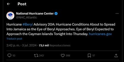 El huracán Beryl, categoría 5, se dirige a Jamaica el miércoles 3 de julio de 2024