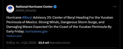 El huracán Beryl se dirige hacia la costa mexicana