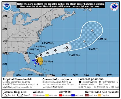 El huracán Humberto, ubicado en 27.2°N y 66.9°O, se desplaza a 14 mph (22 km/h) con presión mínima de 933 milibares y ráfagas de hasta 161 mph (259 km/h)