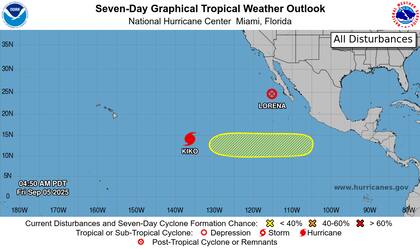 El huracán Kiko se ubica a más de 1300 millas al este y sureste de Hilo (Isla Grande de Hawai)
