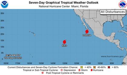 El huracán Lorena se localiza en 21.2°N y 110.4°O con vientos de 75 mph (120 km/h) y se fortalecerá hasta alcanzar 100 mph (161 km/h)