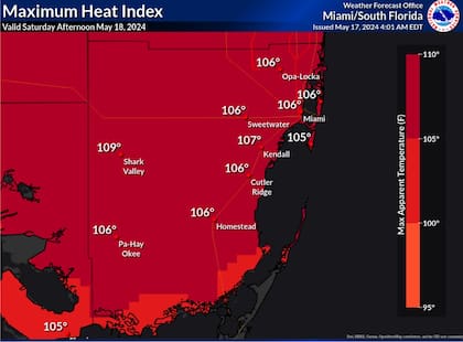 El Índice de Calor del NWS para el condado de Miami-Dade para este sábado