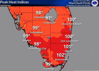 El índice de calor (en grados fahrenheit) para el sur de Florida este lunes 20 de mayo