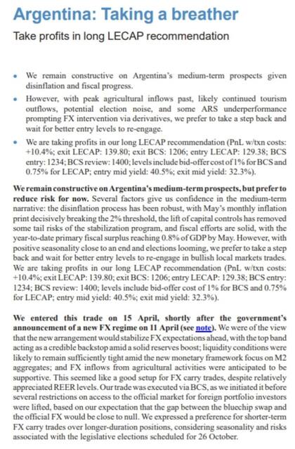 El informe de JP Morgan, titulado "Argentina: tomando un respiro".