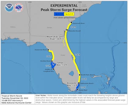 El informe de la mañana del 8 de noviembre alerta sobre marejada ciclónica en la costa este de Florida y regiones de la costa de Georgia