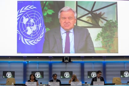 El informe de los distintos organismos de la ONU alertó por las dificultades para cumplir objetivos fijados. En la pantalla principal, António Guterres, secretario general de las Naciones Unidas