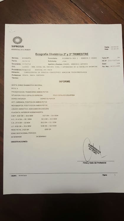 El informe en el que la especialista del mismo hospital Eva Perón confirma el embarazo gemelar