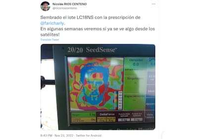 El ingeniero agrónomo Nicolás Ríos Centeno compartió la imagen de la pantalla de monitoreo de siembra con el rostro de Leo Messi