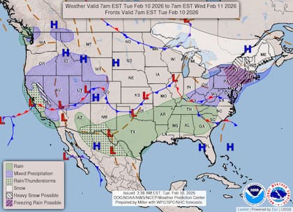 El ingreso de un río atmosférico transporta humedad hacia California, lo que genera lluvias moderadas en los valles centrales y nevadas intensas en los sectores más elevados de la Sierra Nevada
